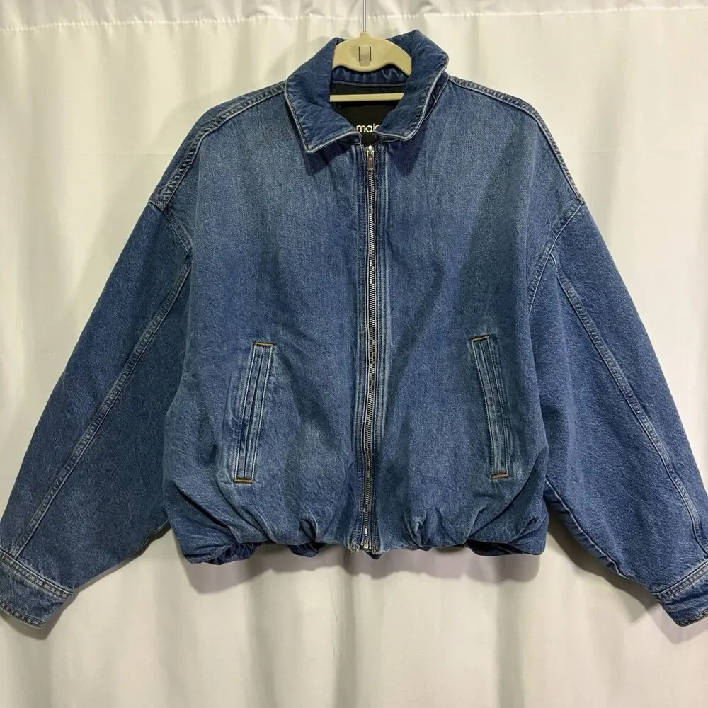 Maje Women’s Denim Bubble Hem Jacket Size 2 (US M) Blue Jean Zip Up NWT